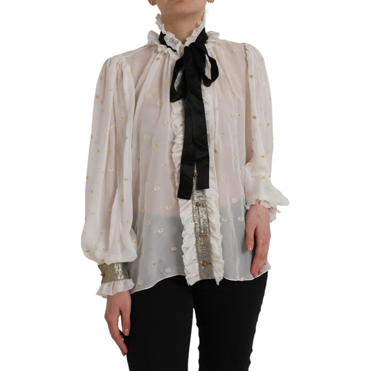 Dolce & Gabbana Off White Silk Blend Ascot Collar Blouse Top