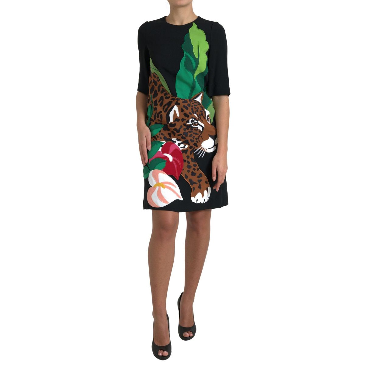 Dolce & Gabbana Sort Tiger Jungle Stretch Kjole