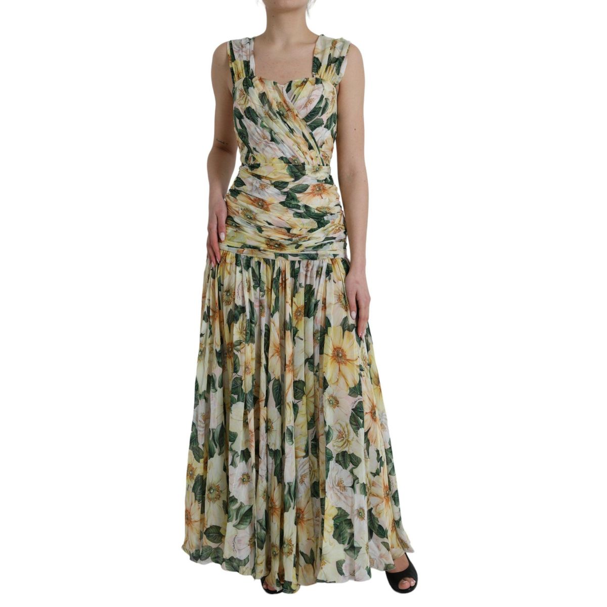 Dolce & Gabbana Yellow Floral Print Silk Pleated Maxi Dress