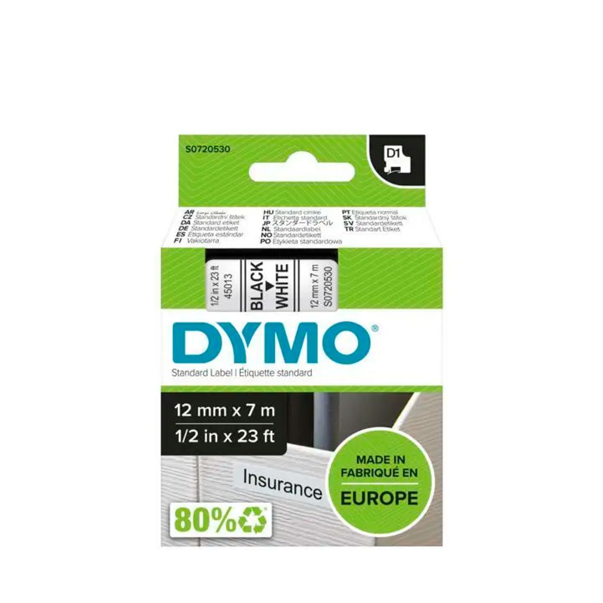 Dymo d1 tape 12mm 7m sort/hvid