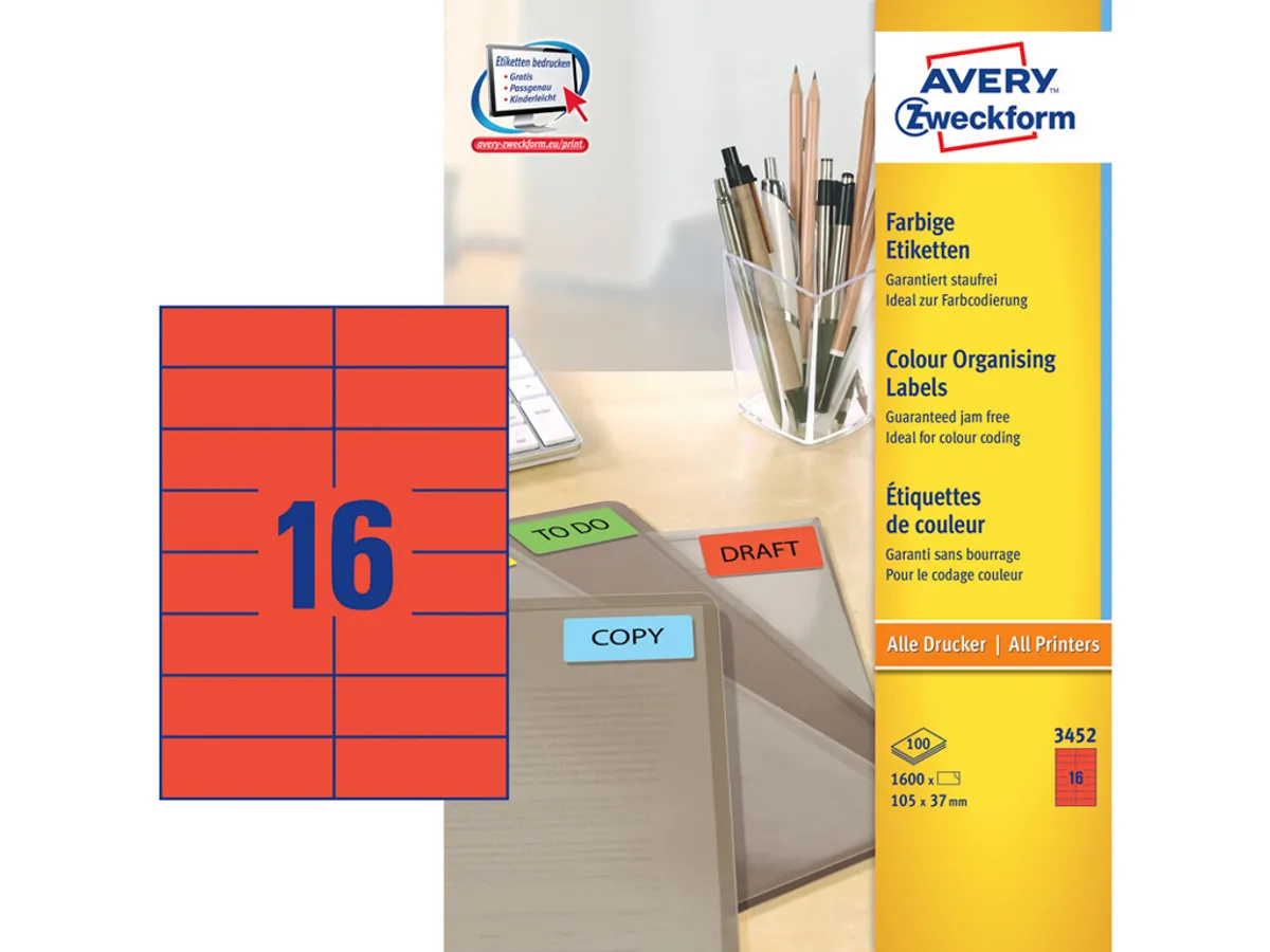 Etiket 105x37 mm Avery 3452 rød 16 Stk/ark 100 ark