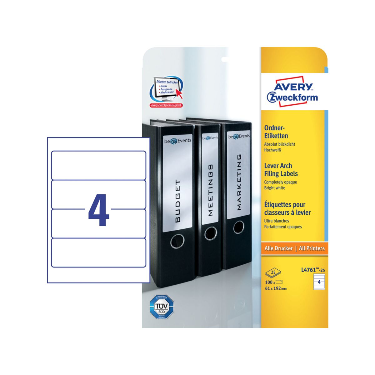 Etiket 192x61mm Avery L4761 Rygetiket 4 Stk/ark 30 ark