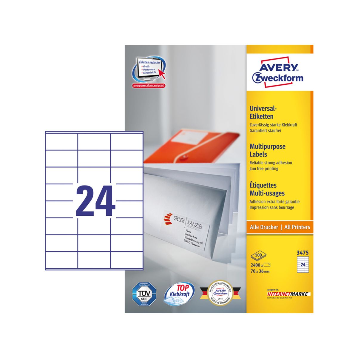 Etiket 70x36mm Avery 3475 24 Stk/ark 100 ark