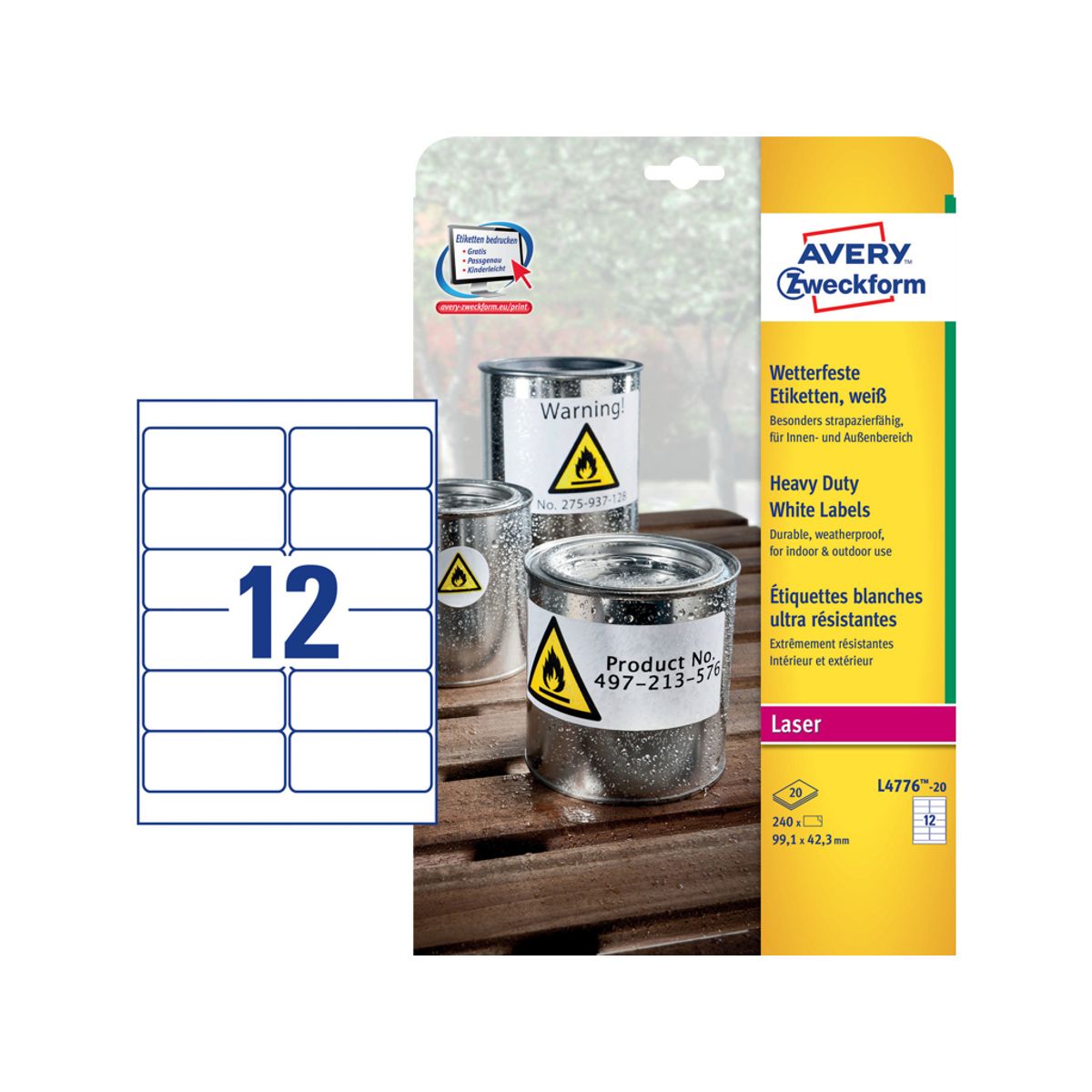 Etiket 99,1x42,3mm Avery L4776 Polyester 12 Stk/ark 20 ark