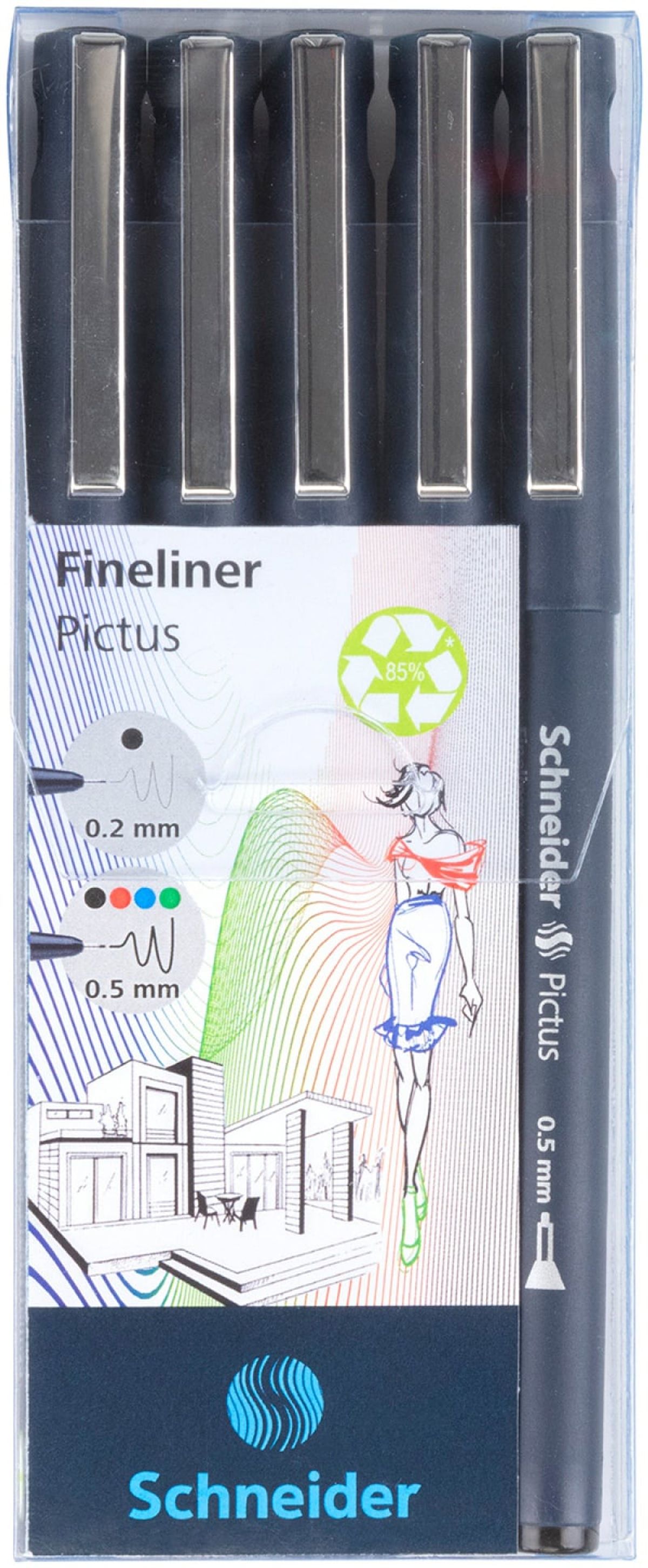 Fineliner sæt SCHNEIDER Pictus, 5 stk., blandet farver og tykkelser.