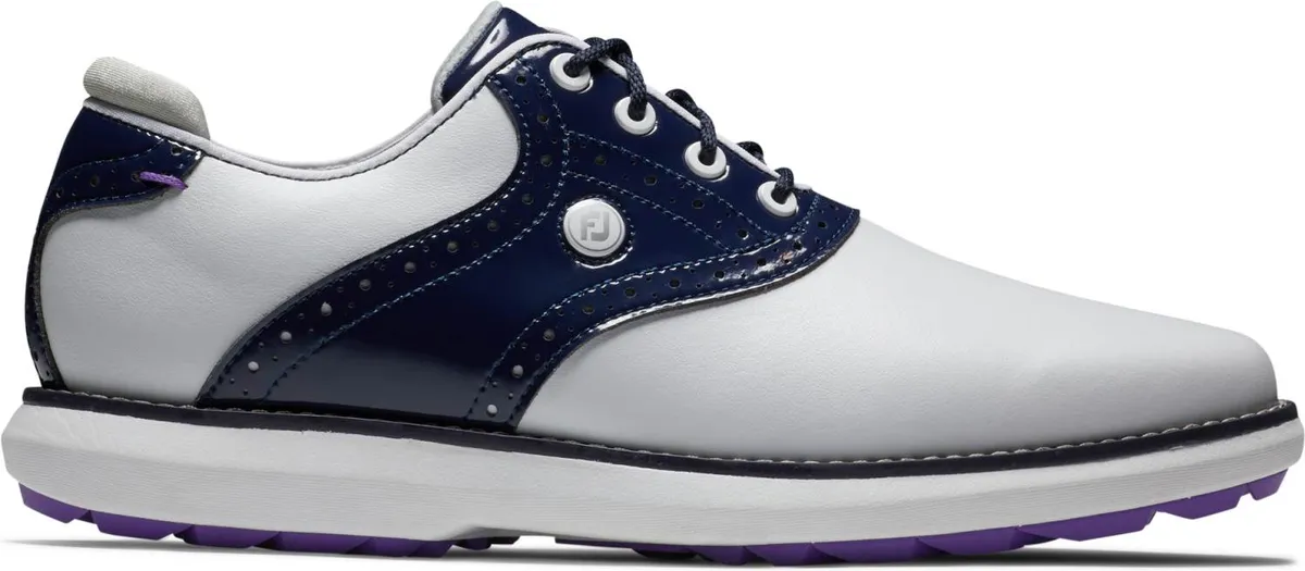 Footjoy Traditions Vandtætte Dame Golfsko Uden Spikes - White/Navy/Purple - Str. 42 Normal