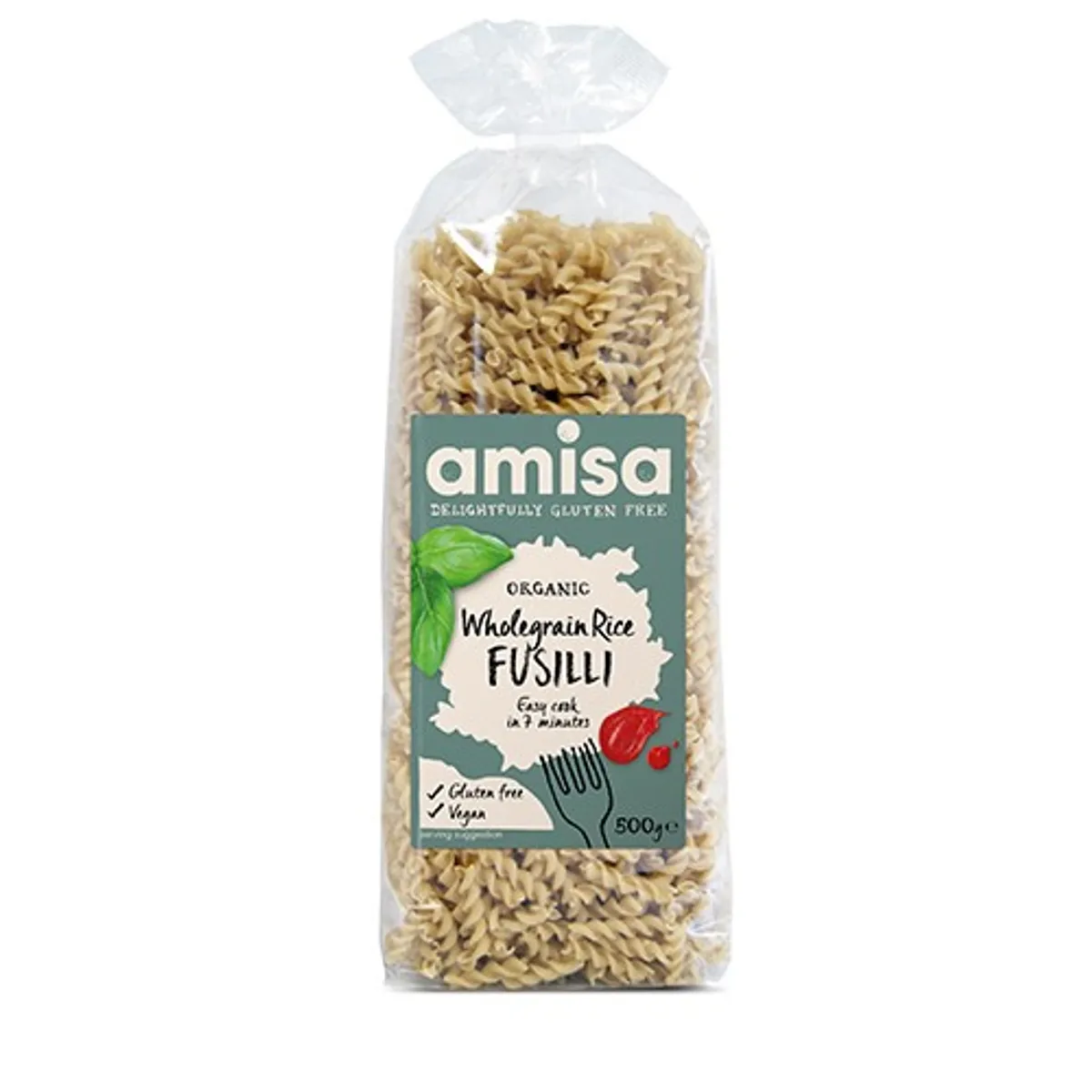 Fuldkornsris Fusilli pasta Økologisk - 500 gram - Organic Amisa