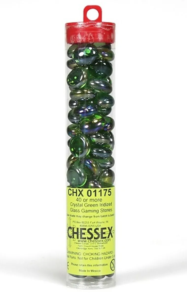 Gaming Counters - Chessex: Crystal Green Iridized Glass Stones (Qty 40+) in 14cm Tube