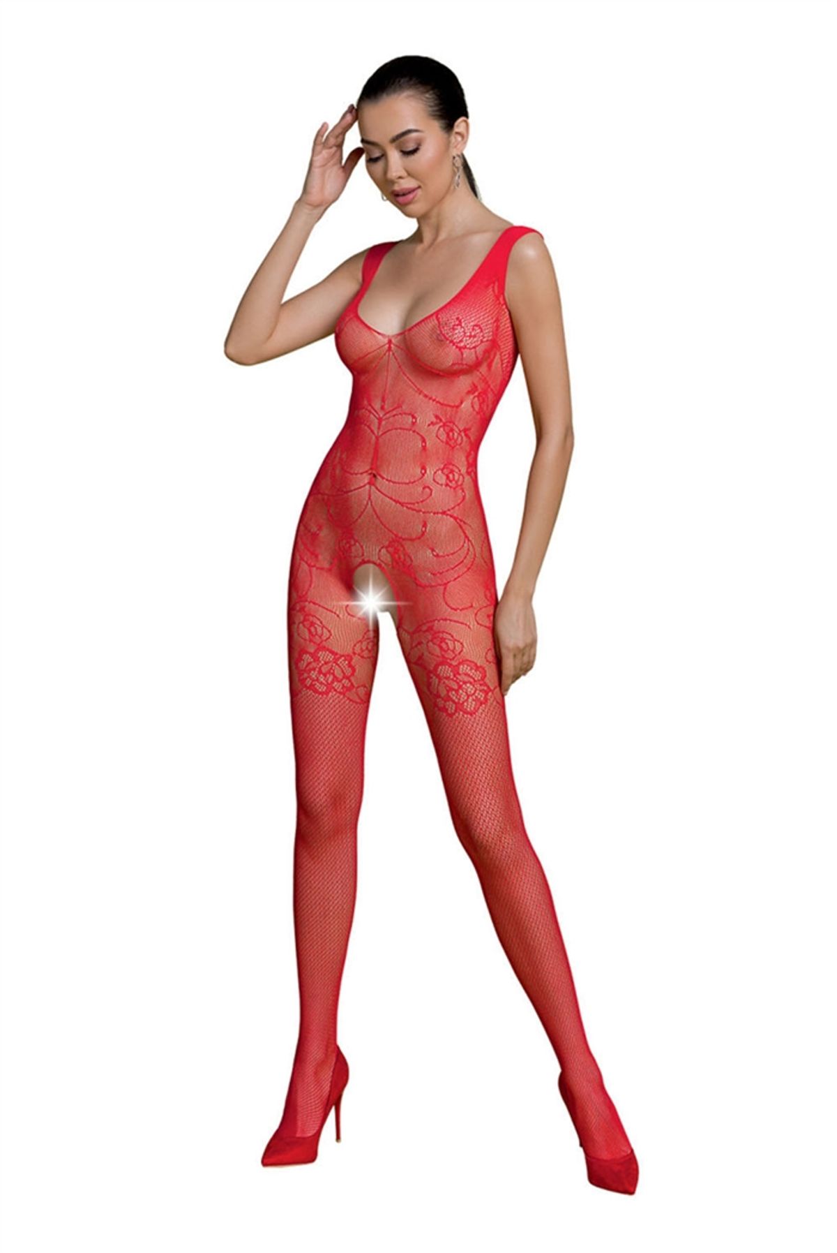 Gennemsigtig blonder dyb V hals bodystockings catsuit, rød