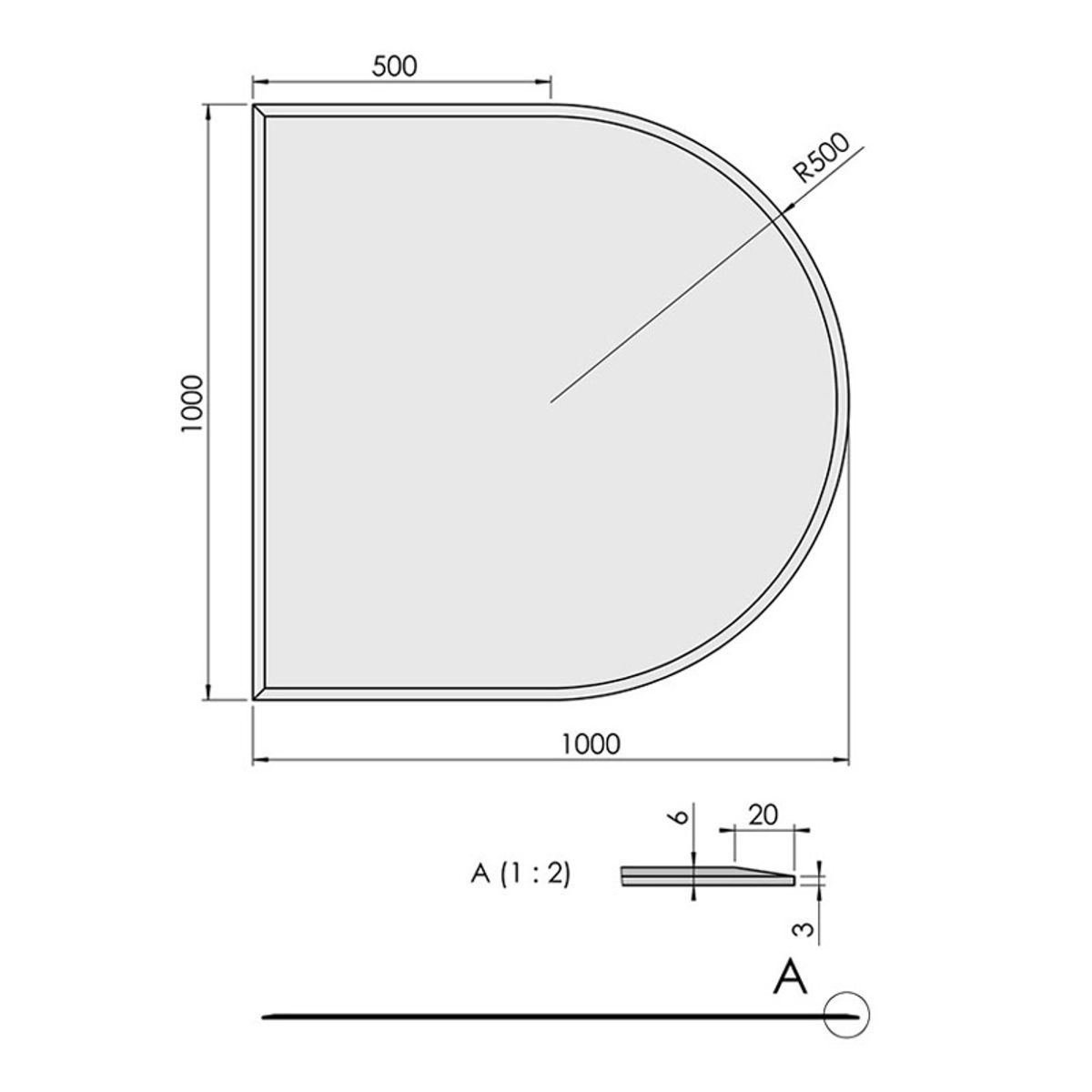 Glasgulvplade halvcirkel m. facet - 6 mm - 100 x 100 cm