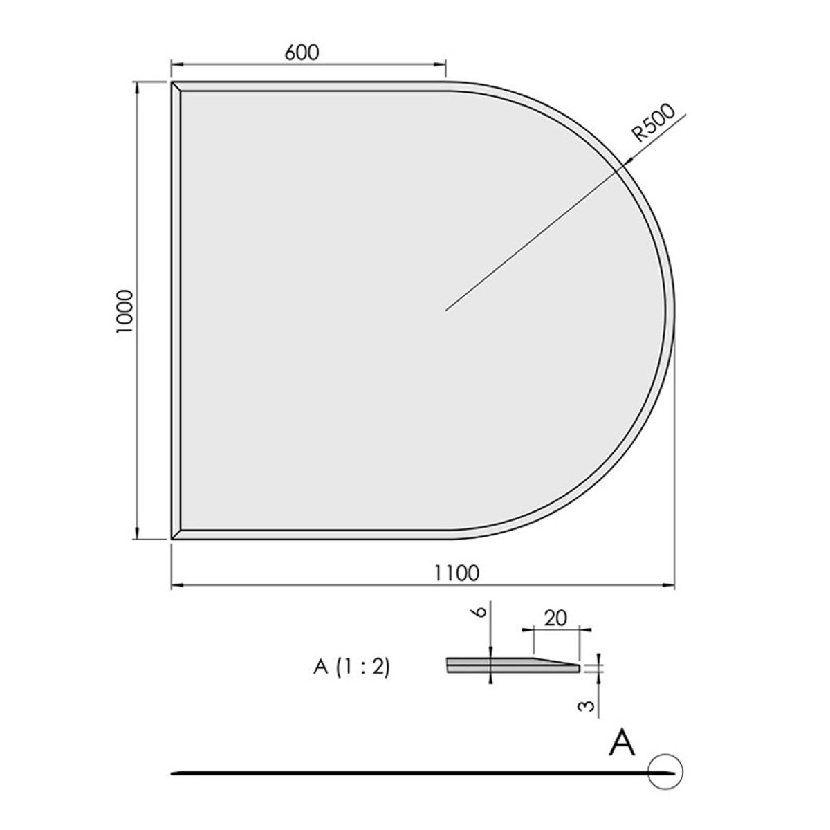 Glasgulvplade halvcirkel m. facet - 6 mm - 100 x 110 cm