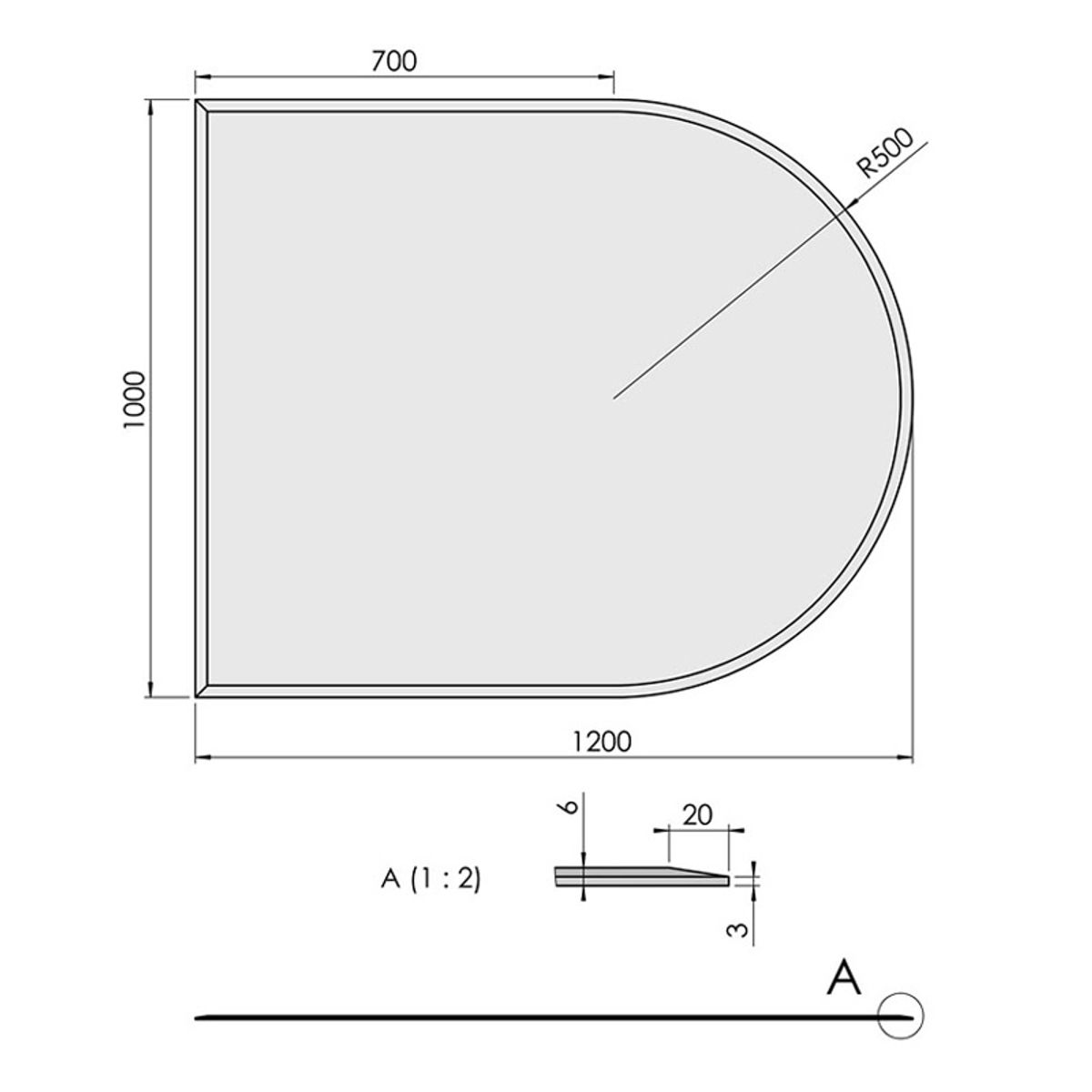 Glasgulvplade halvcirkel m. facet - 6 mm - 100 x 120 cm