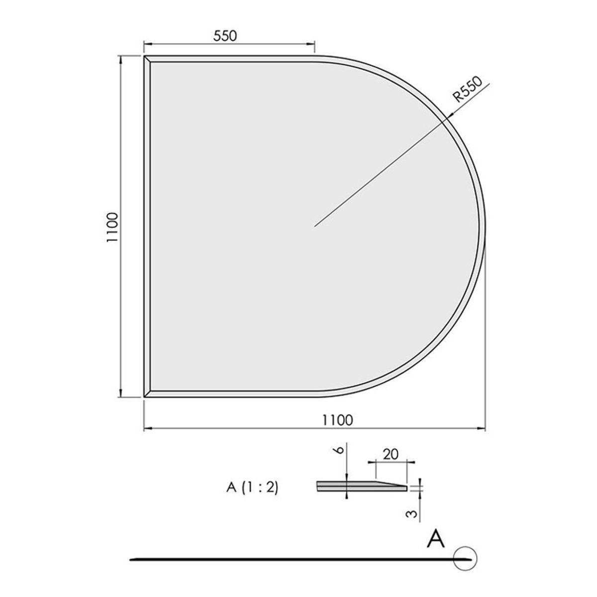 Glasgulvplade halvcirkel m. facet - 6 mm - 110 x 110 cm