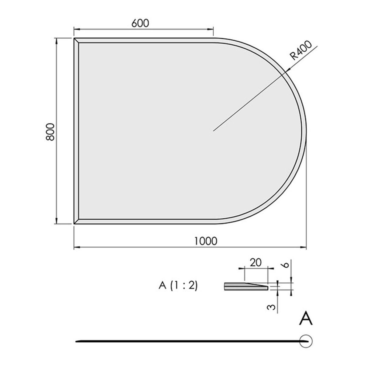 Glasgulvplade halvcirkel m. facet - 6 mm - 80 x 100 cm