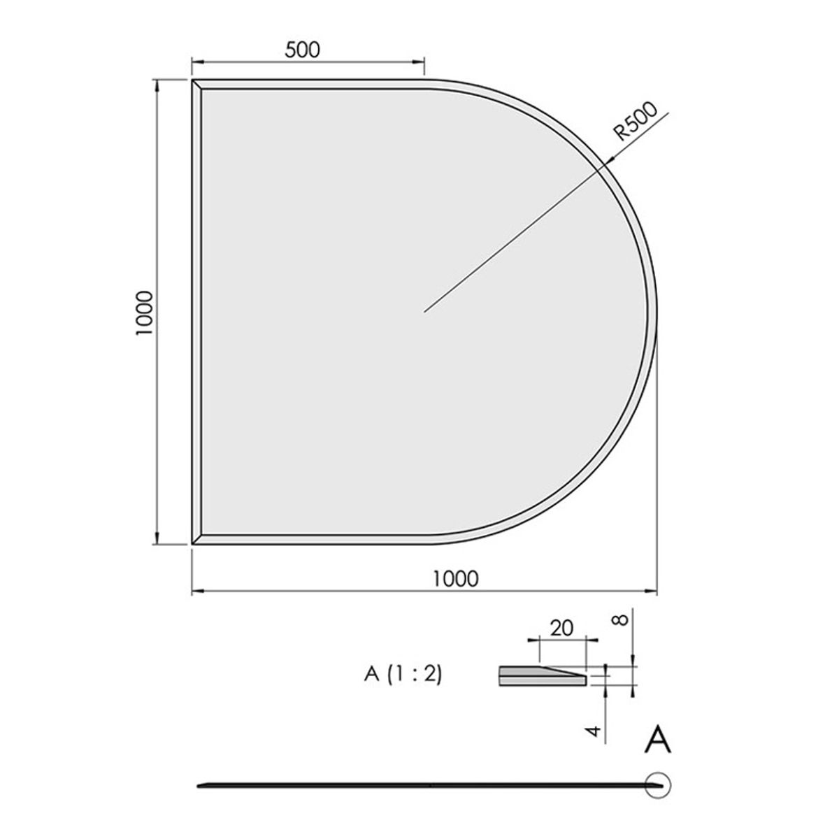 Glasgulvplade halvcirkel m. facet - 8 mm - 100 x 100 cm