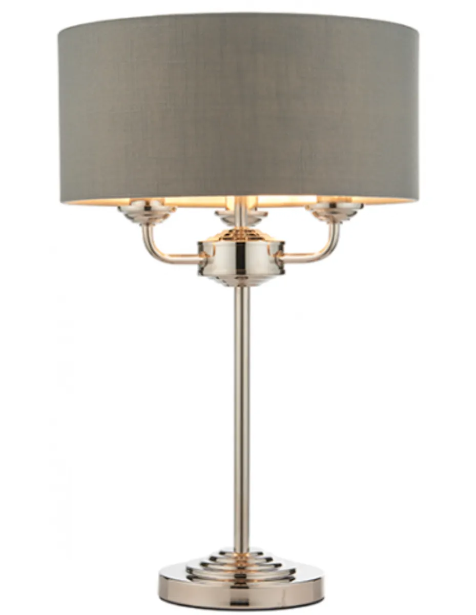 Highclere Bordlampe i metal og tekstil H50 cm 3 x E14 - Nikkel/Mørkegrå