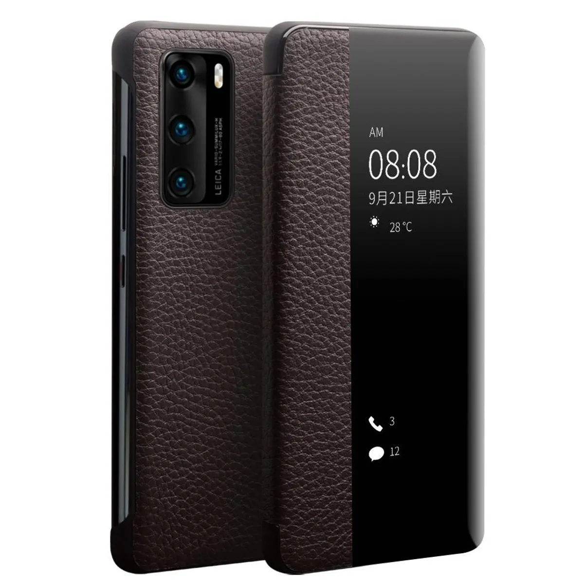 Huawei P40 - QIALINO ægte læder view window cover - Mørkebrun