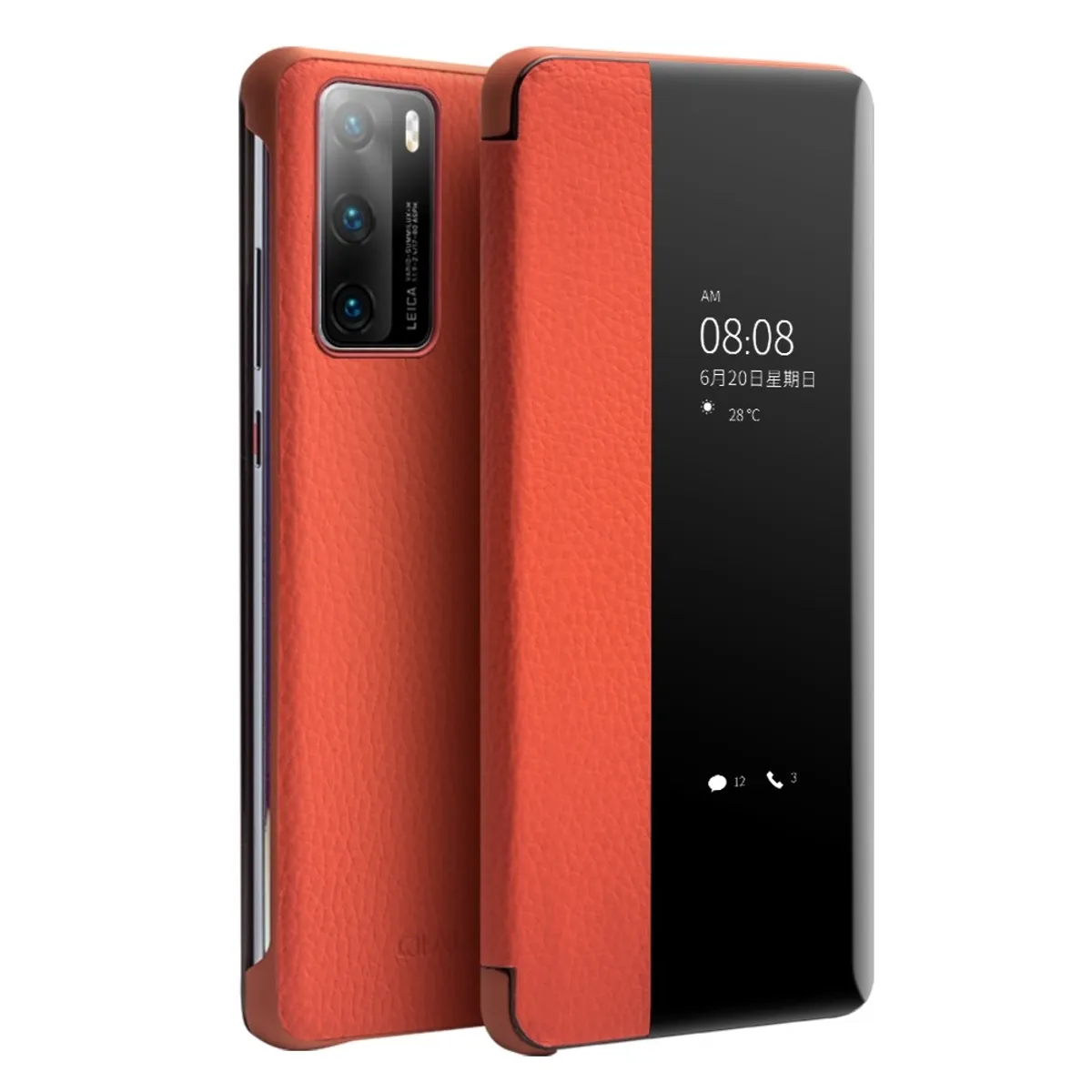 Huawei P40 - QIALINO ægte læder view window cover - Rød