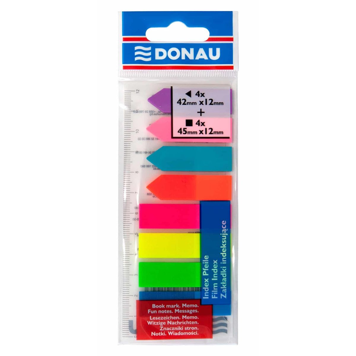 Indeksfaner DONAU, PP, 12x45mm/12x42mm, standard/pil, 4x25/4x25 kort, assorterede farver,.