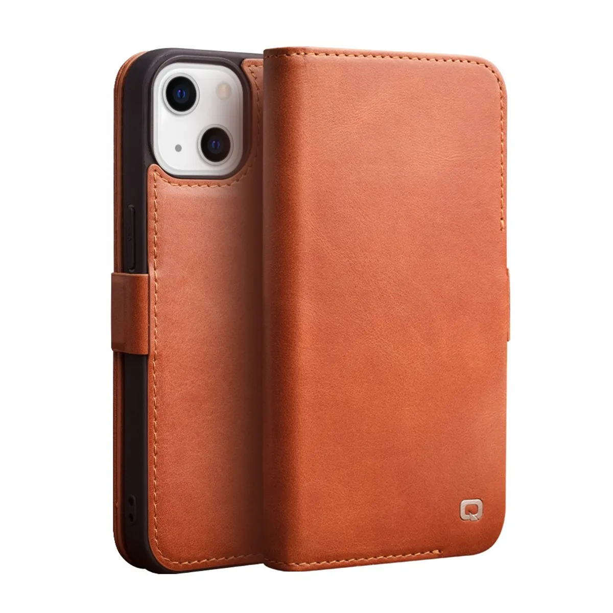 iPhone 13 mini - QIALINO Slim ægte læder cover - Lys brun