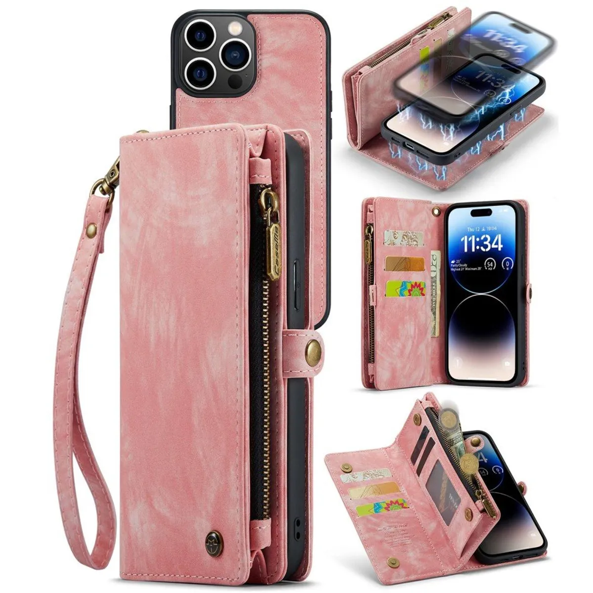 iPhone 14 Pro Max - CASEME 2-i-1 læder cover / pung - aftagelig holder - Pink