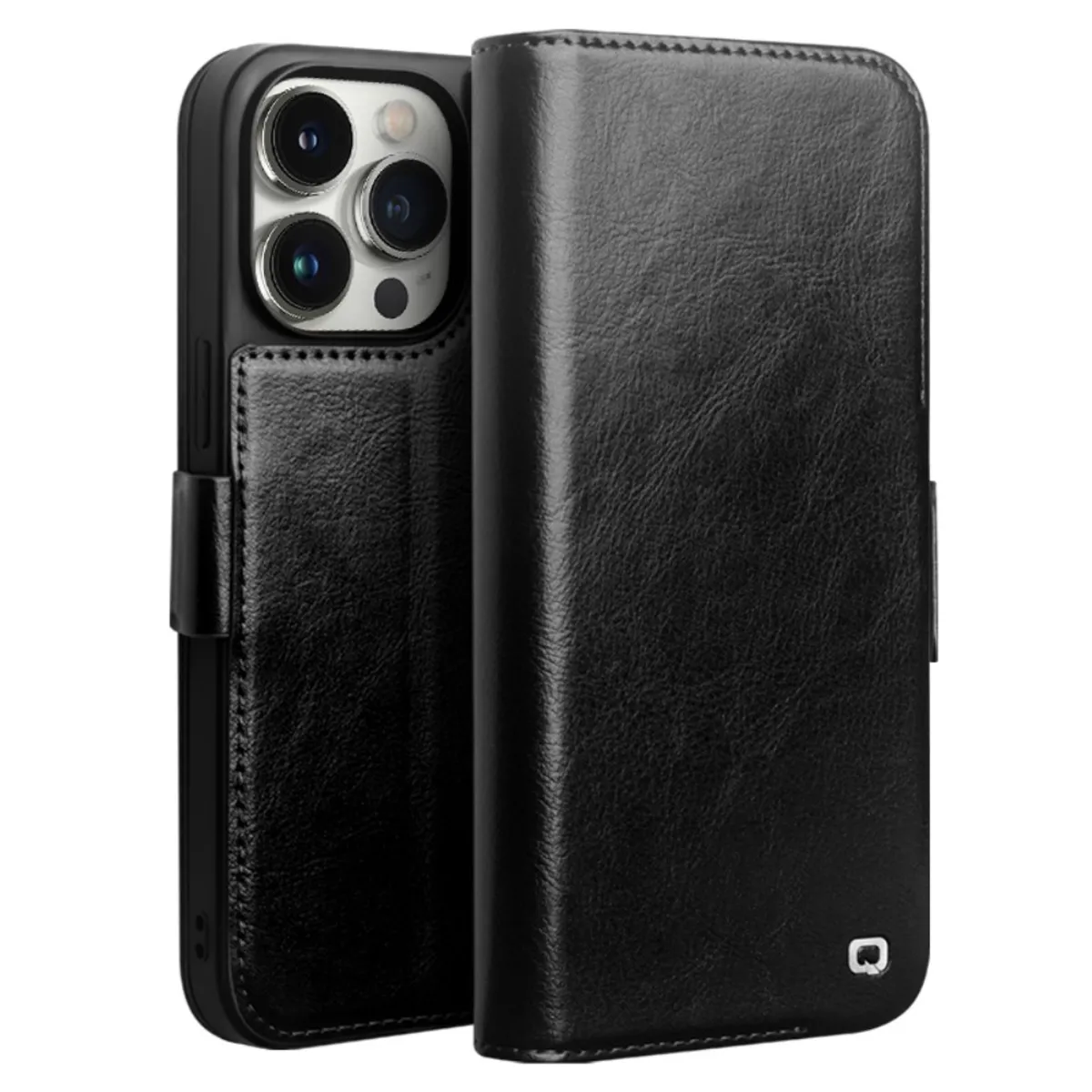 iPhone 14 Pro Max - QIALINO Classic Slim ægte læder cover - Sort