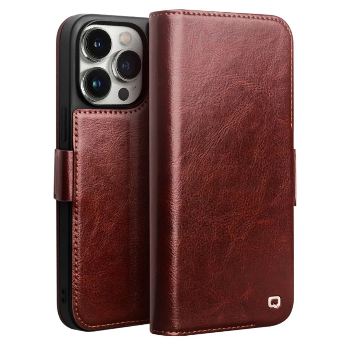 iPhone 14 Pro - QIALINO Classic Slim ægte læder cover - Mørkebrun