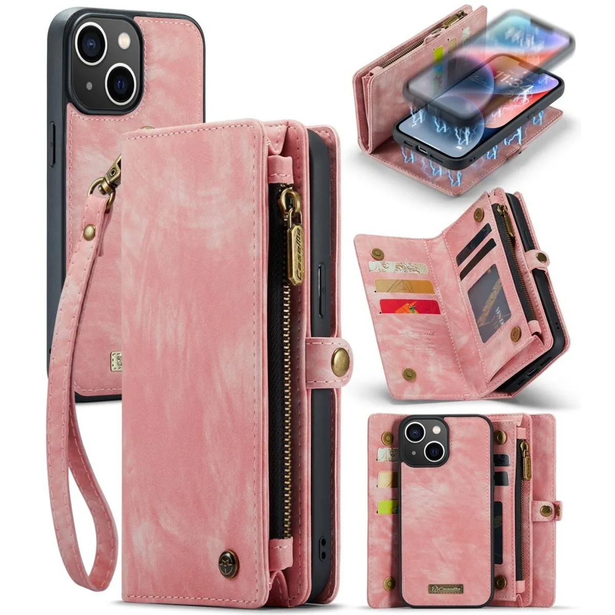 iPhone 15 - CASEME 2-i-1 læder pung / cover - aftagelig holder - Pink