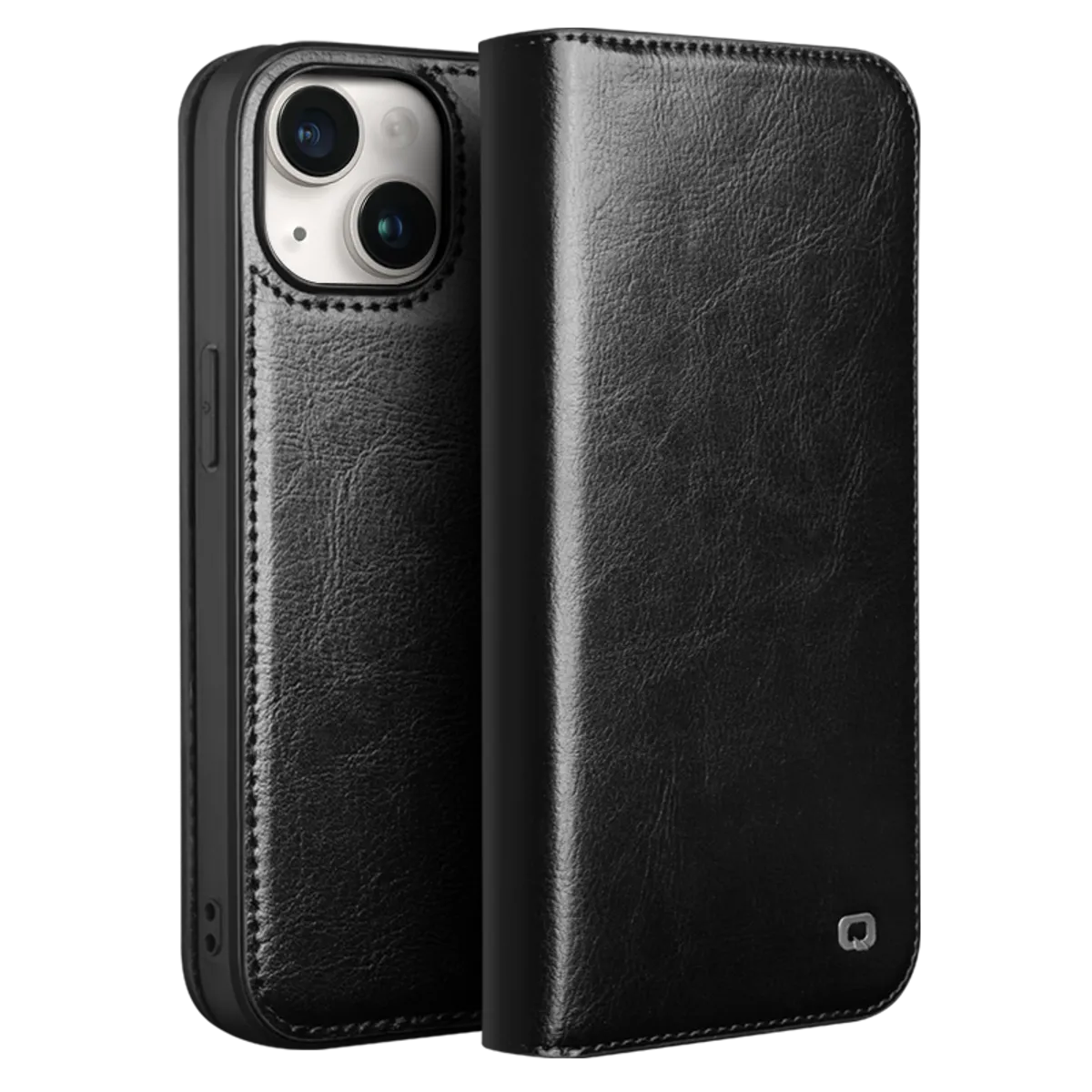 iPhone 15 Plus - QIALINO Classic ægte læder cover / pung - Sort