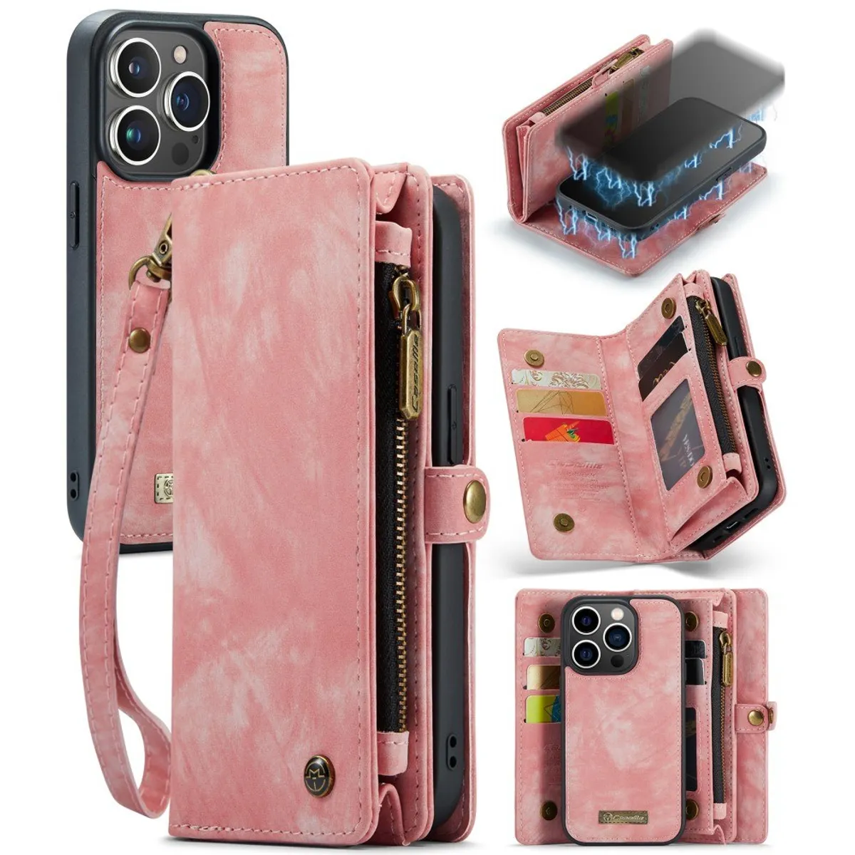 iPhone 15 Pro Max - CASEME 2-i-1 læder pung / cover - aftagelig holder - Pink