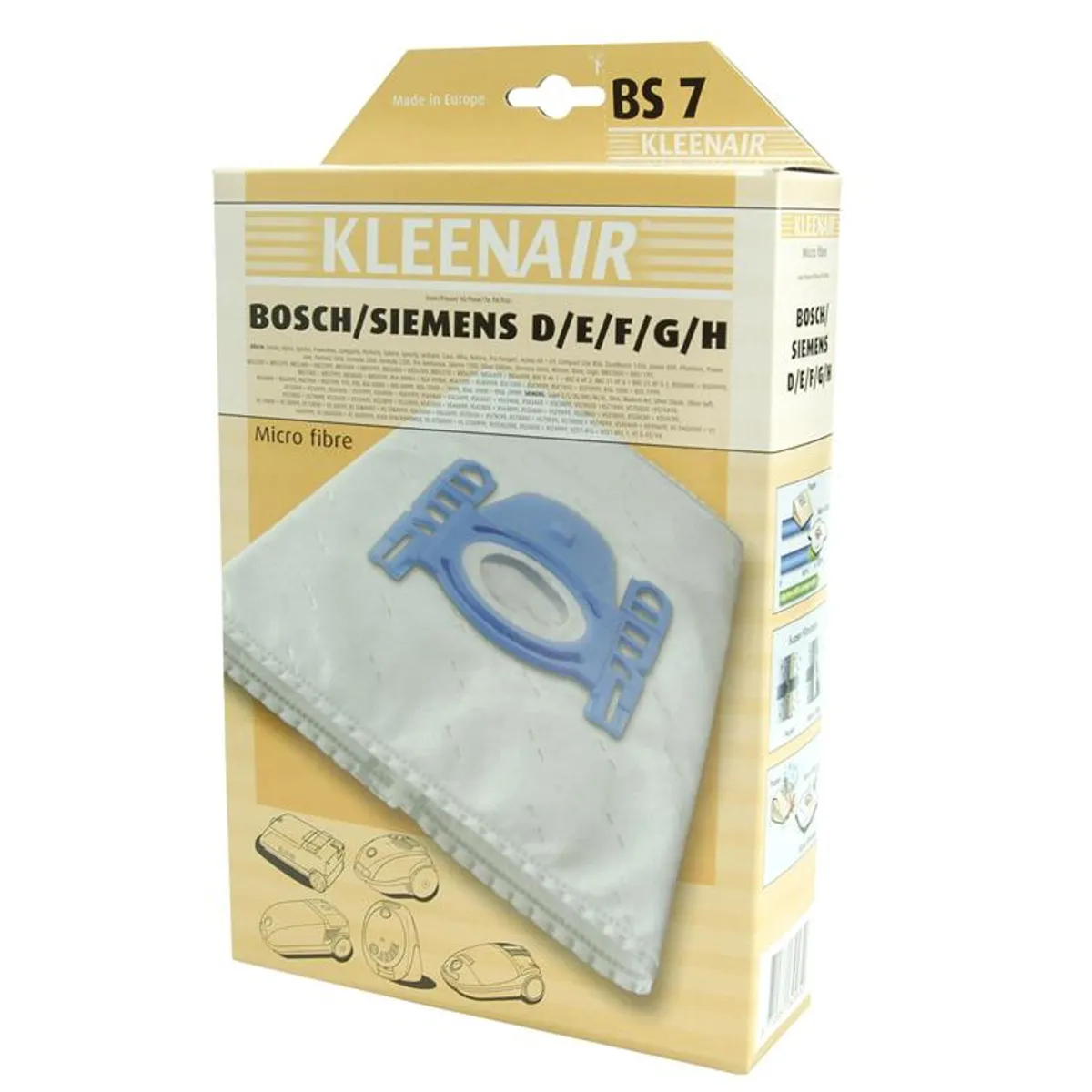 KLEENAIR BS7 støvstugerpose til Bosch/Siemens D/E/F/G/H mfl., 5 stk. + 1 filter