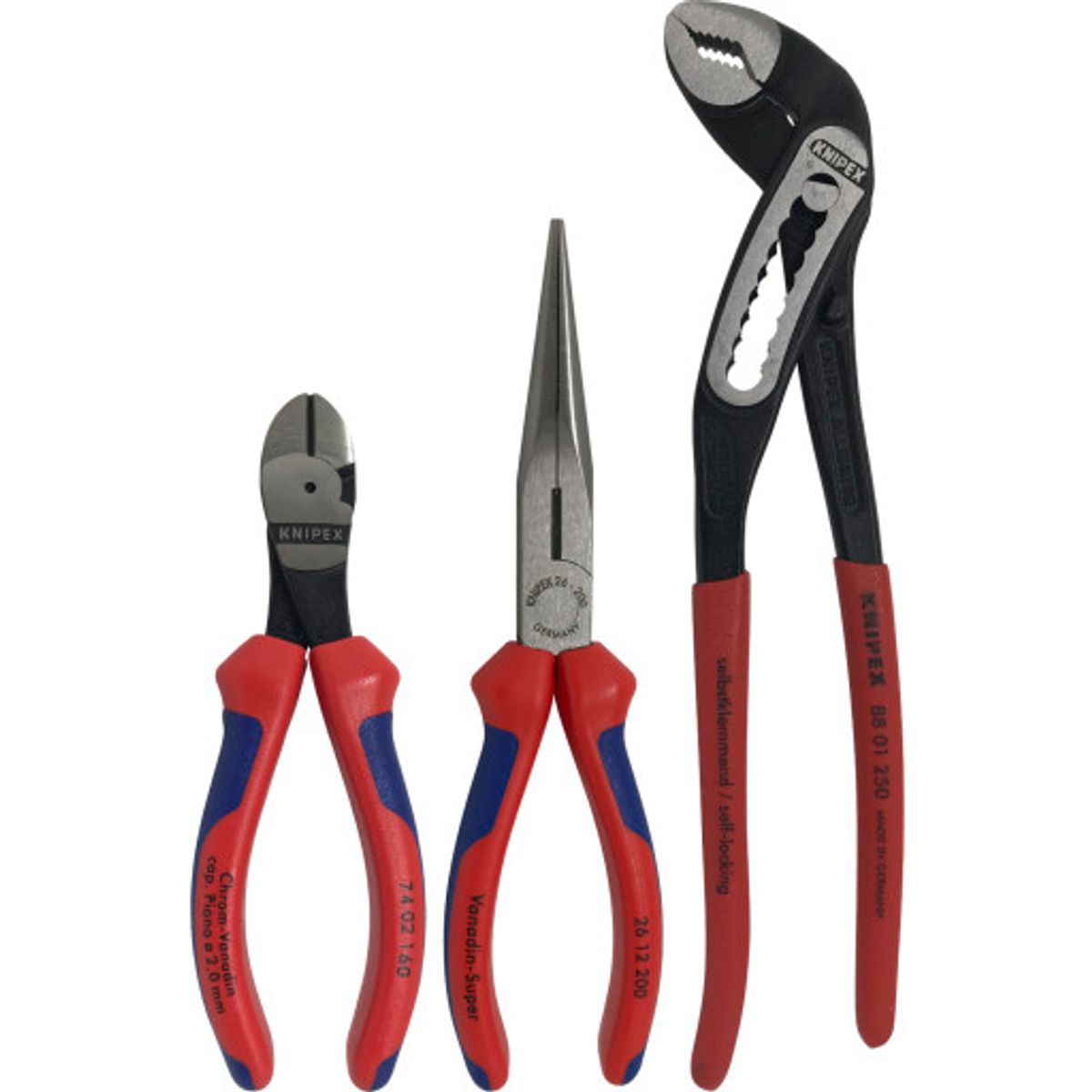 KNIPEX tangsæt med vandpumpetang, bidetang og spidstang