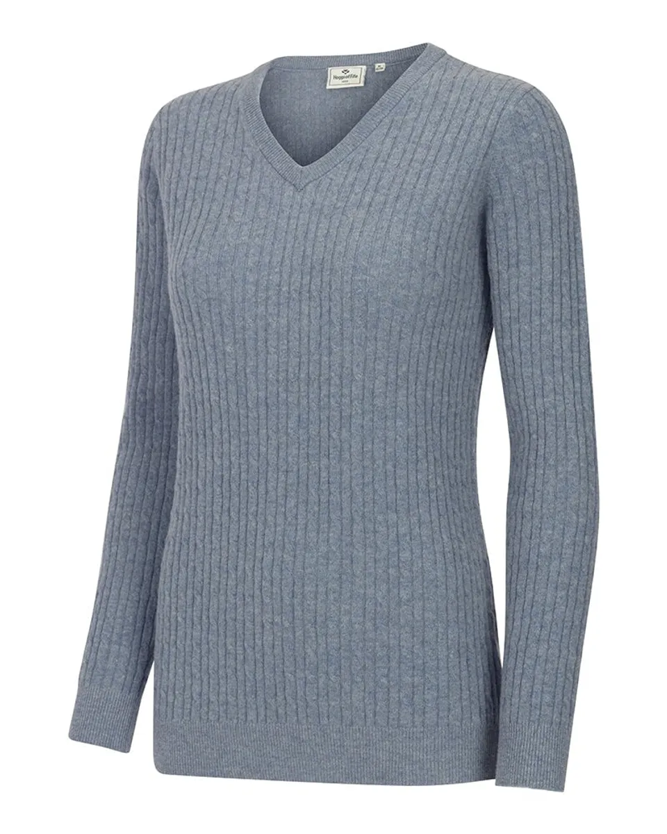 Lauder Ladies V-Neck Cable Pullover, blågrå - XS (8-10)