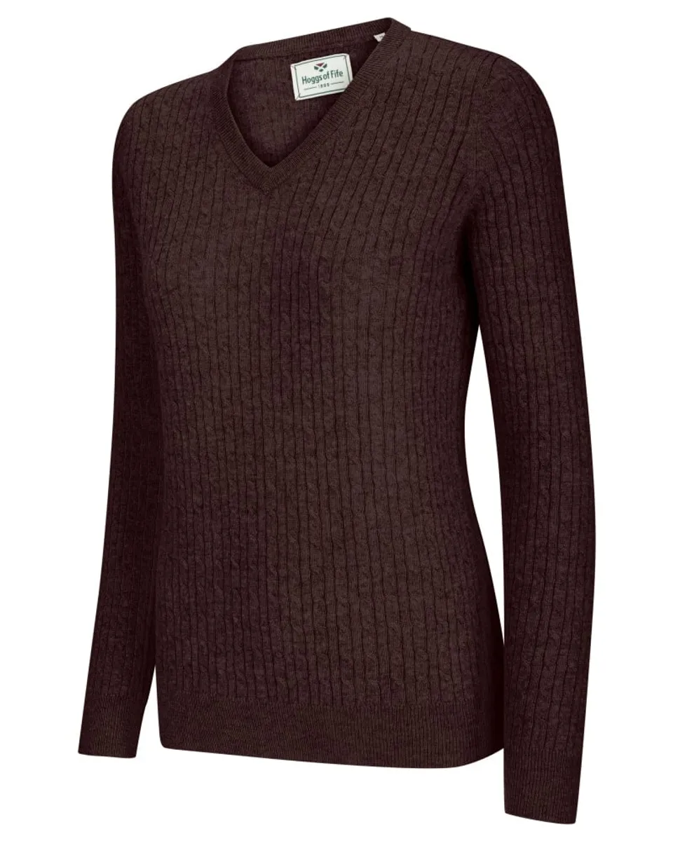 Lauder Ladies V-Neck Cable Pullover, redwood vinrød - XS (8-10)