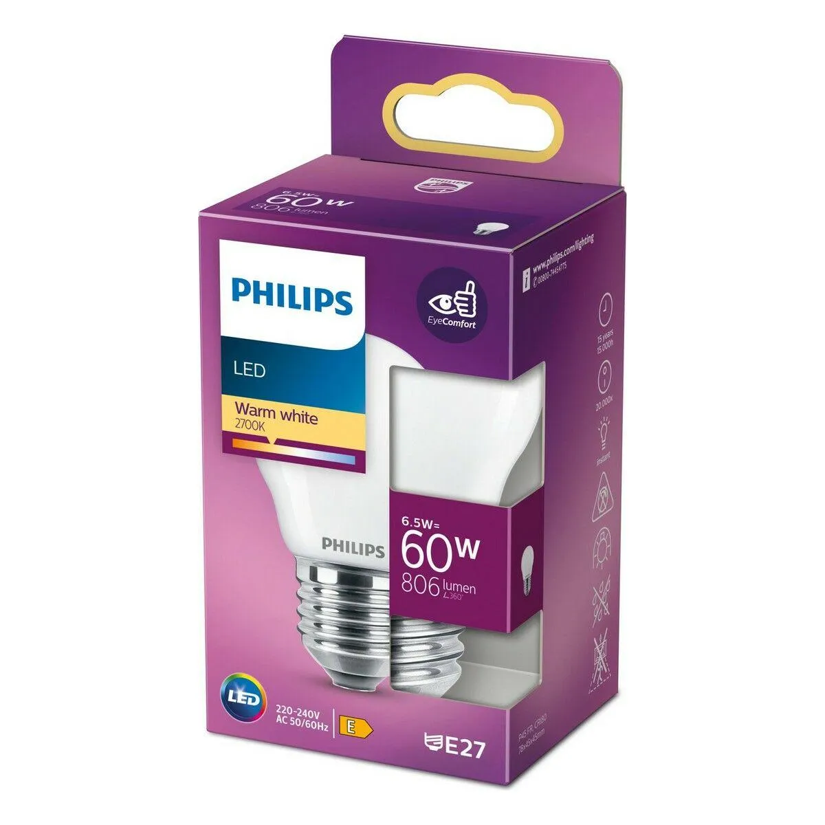 LED-lampe Philips E 6,5 W 60 W E27 806 lm 4,5 x 7,8 cm (2700 K)