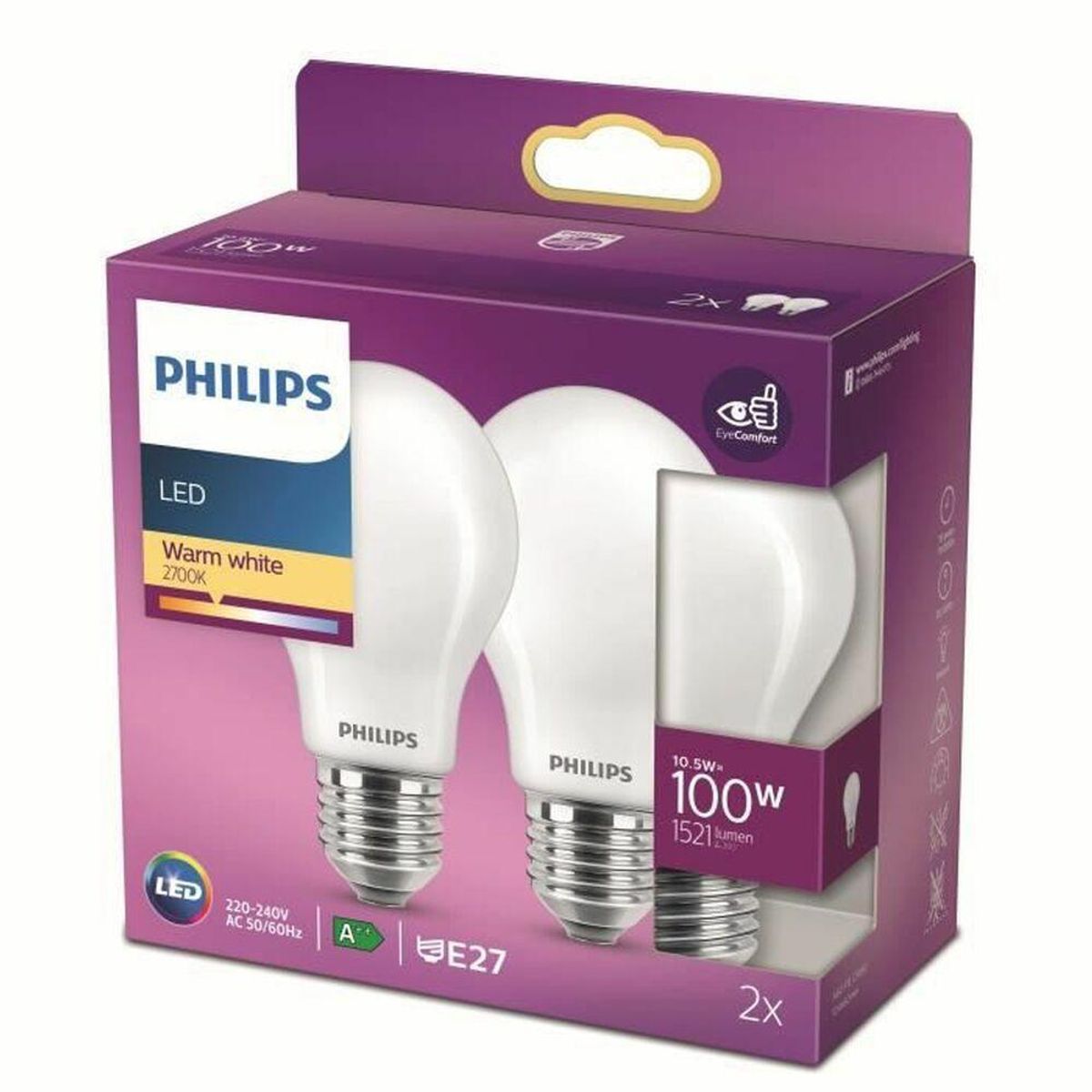 LED-lampe Philips Equivalent 100 W E27 Hvid D (2700 K) (2 enheder)