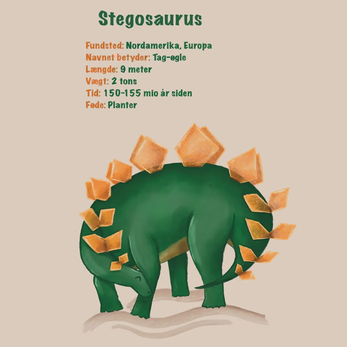 Lille Plakat Grøn Dinosaur Plakat - Stegosaurus - Med Infotavle