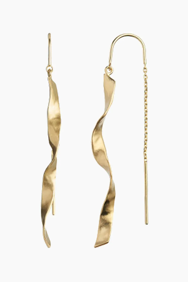 Long Twisted Hammered Earring with Chain - Gold - Stine A - Guld One Size