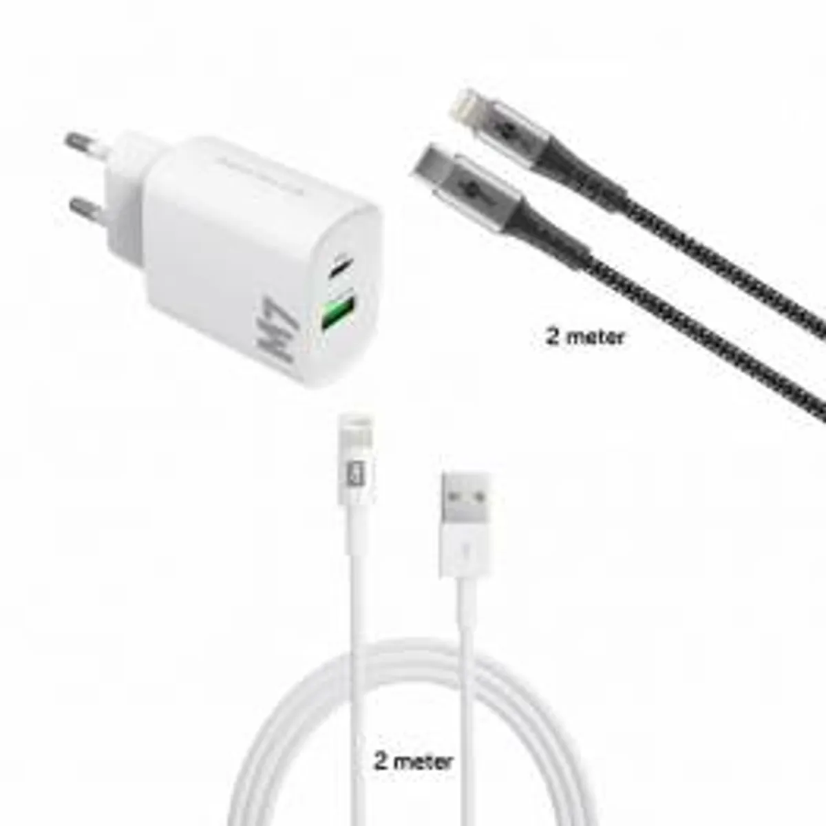 M7 20W dobbelt oplader til iPhone/iPad og 2 MFi Lightning kabler - 2m