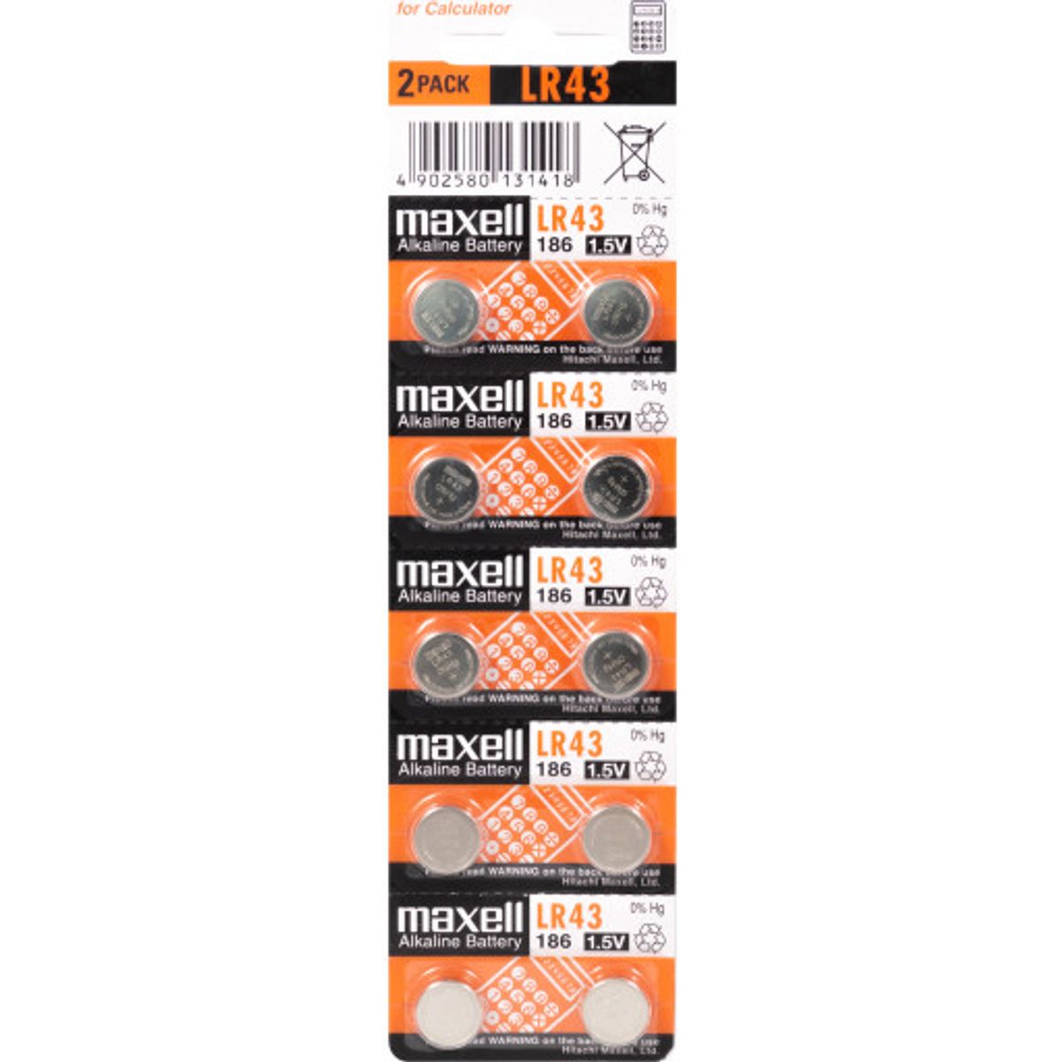 Maxell knapcellebatteri Alkaline LR43 - pakke med 10 stk.