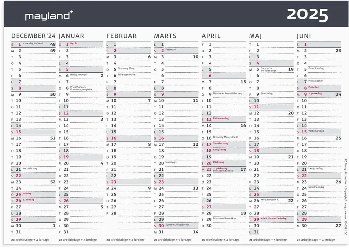 Mayland Bordkalender 2025 stående 2x7 mdr.