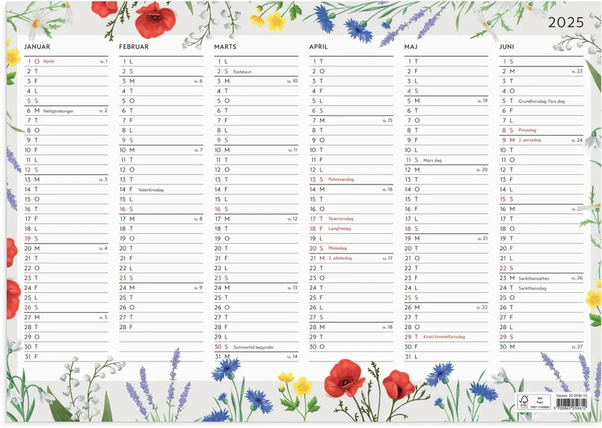 Mayland Vægkalender 2025 blomster A3 2x6 mdr.