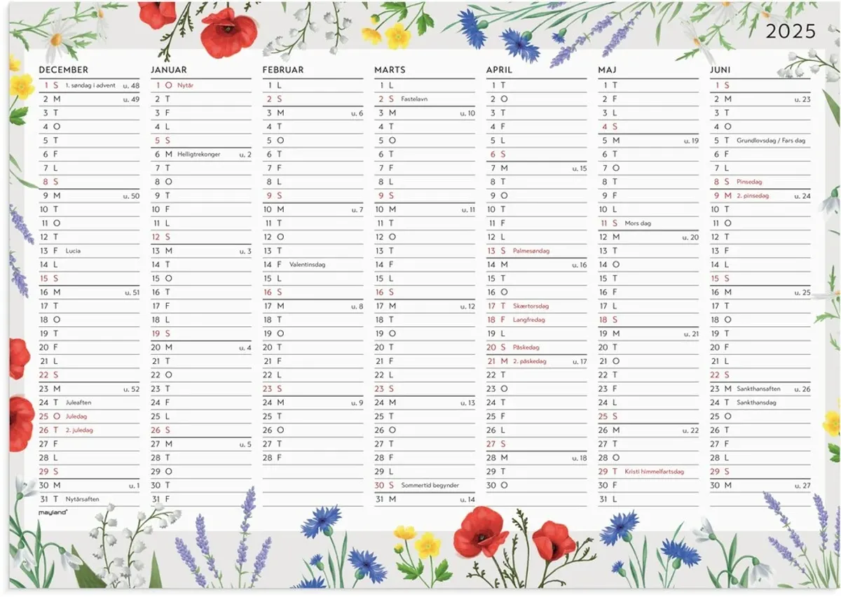 Mayland Vægkalender 2025 blomster A4 2x7 mdr.