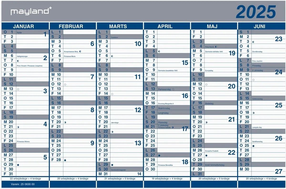 Mayland Vægkalender 2025 dobbelt halvårs