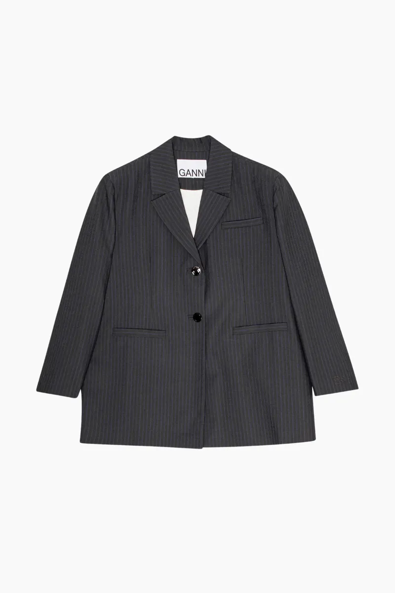 Melange Stripe Suiting Oversized Blazer F9697 - Phantom - GANNI - Grå XXS/XS