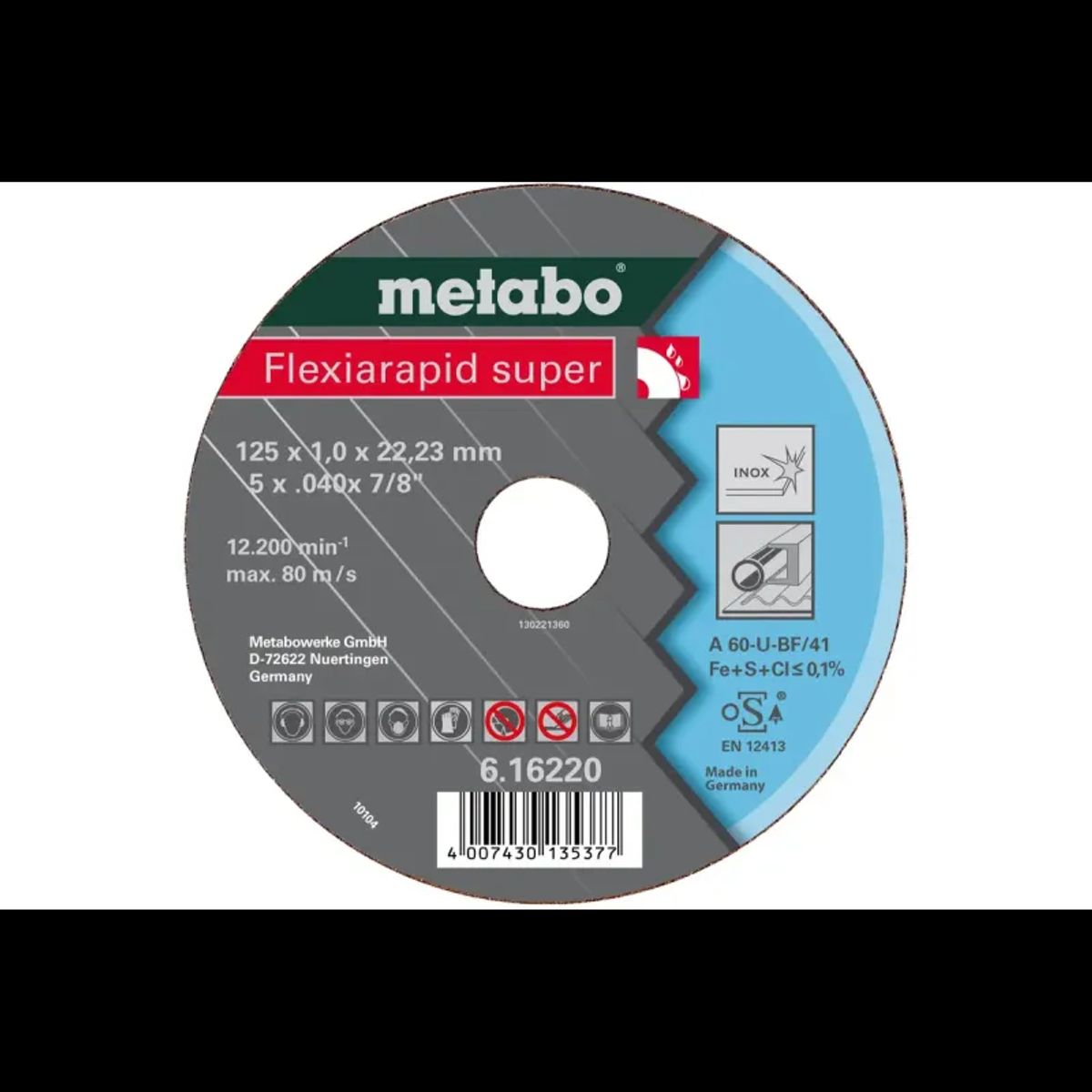 Metabo 4007430135346 - 616217000 Kvalitetsklasse A 36-U - A 46-U - A 60-U Flexiarapid Super Inox HydroResist