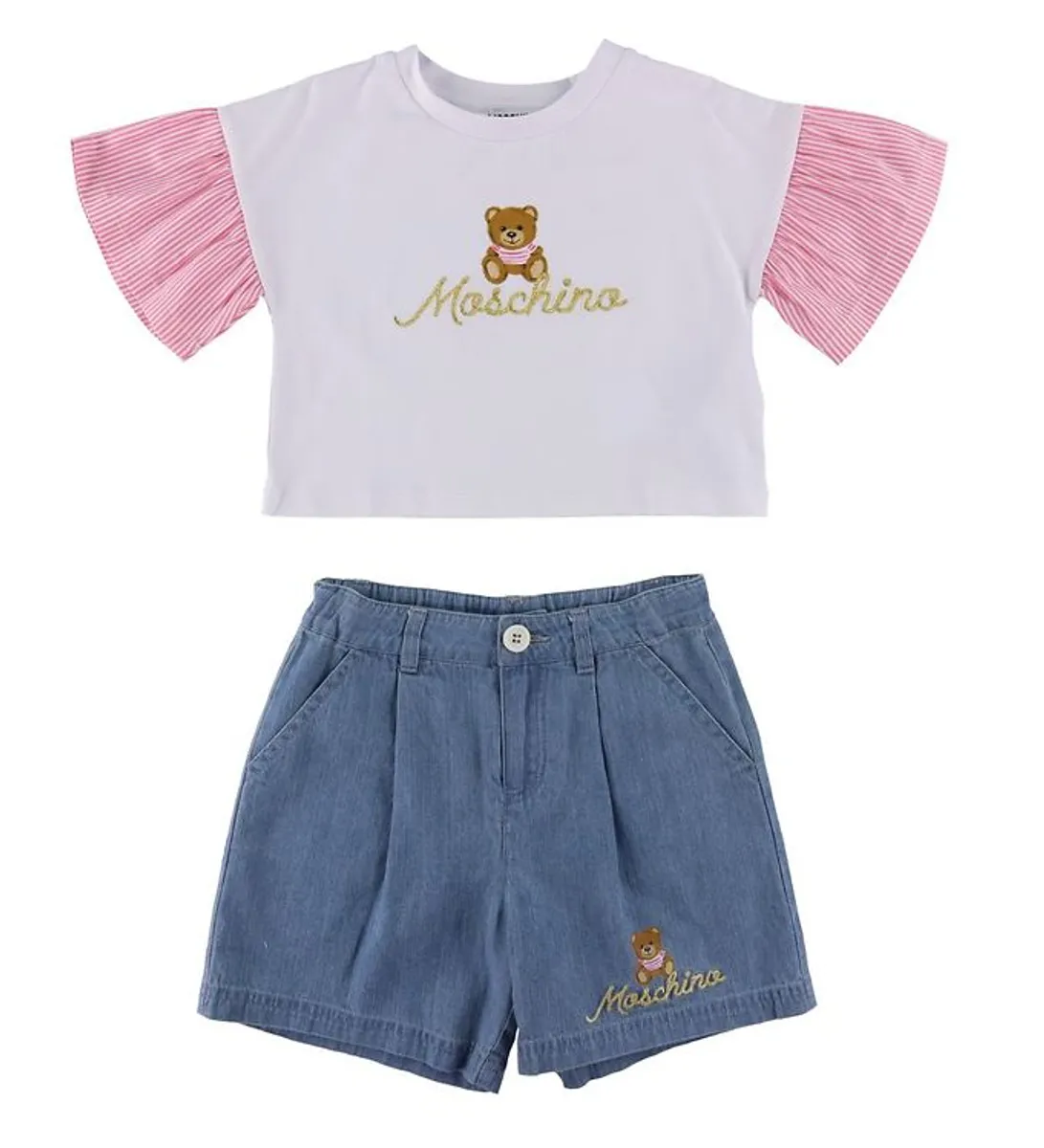 Moschino T-Shirt/Denimshorts - Hvid/Blå m. Logo/Guld