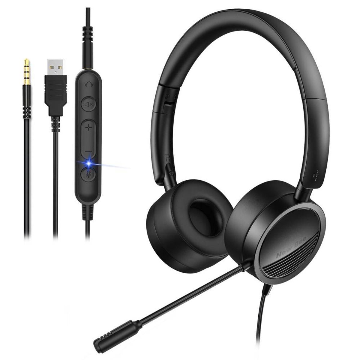 New Bee H360 Headset med justerbar mikrofon - Perfekt til kontor - Sort