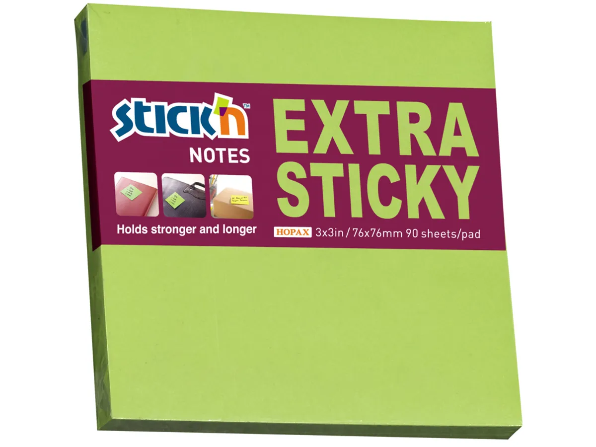 Notes Stick'n 76x76mm. Ekstra Sticky Grøn