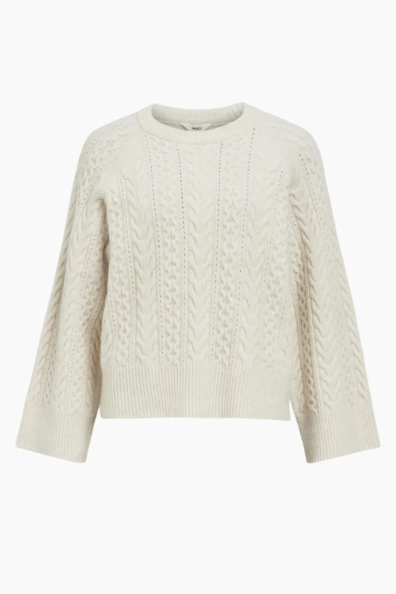 Objrosa Knit L/S RE Pullover 134 - White Sand/Melange - Object - Hvid L